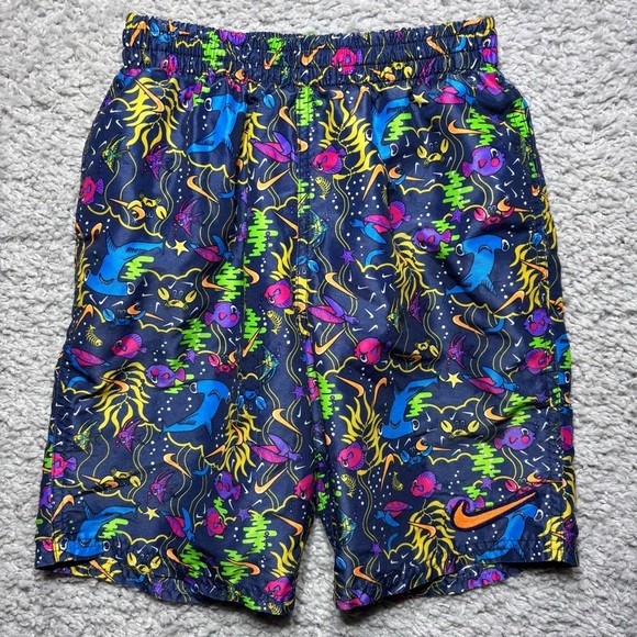 Nike Swim Trunks Boys Medium Sharks Fish Neon Swoosh Beach Sea Bright Swimming - Picture 1 of 6